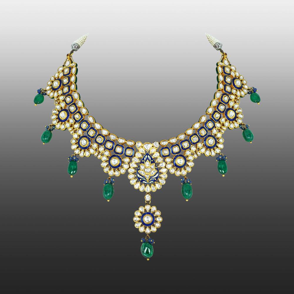 Blue Enamel Polki Necklace with Floral Pendant and Emerald Drops